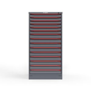 front view of 14 ga 15 drawer cabinet in red