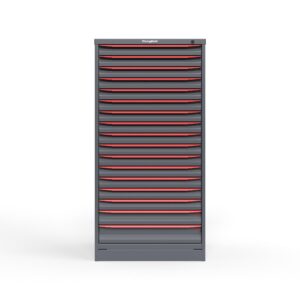 front view of 17 drawer cabinet in red