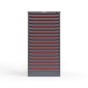 front view of 18 drawer cabinet in red