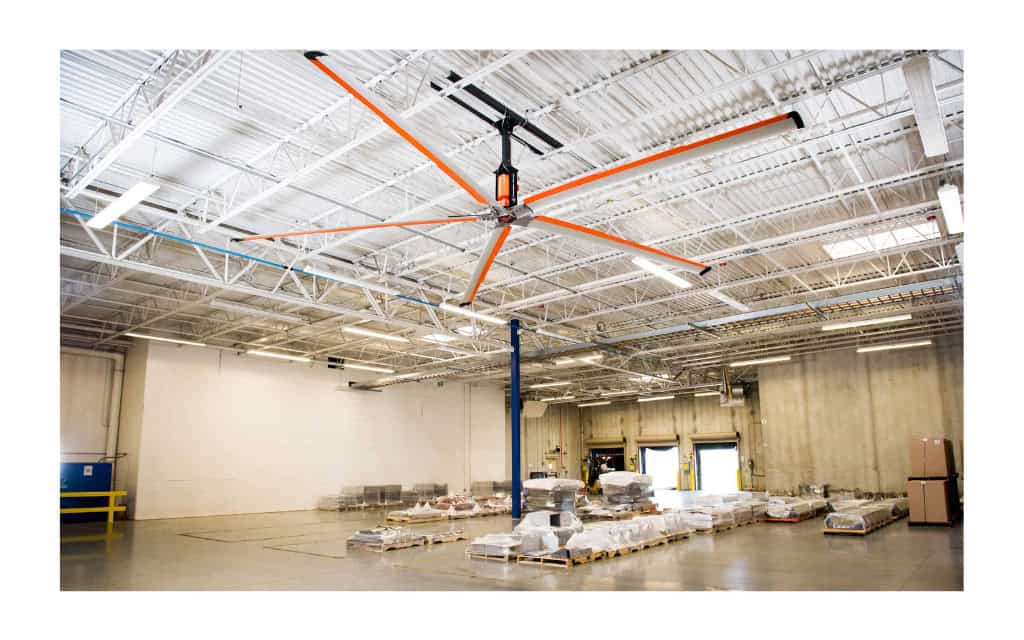 HVLS ceiling fan improving air circulation in large industrial warehouse