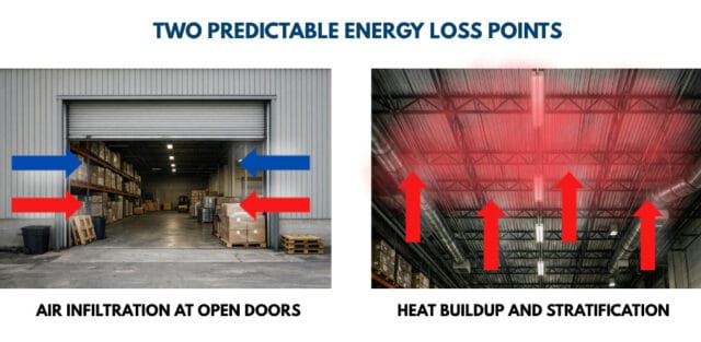 Diagram showing energy loss from door infiltration and heat stratification in warehouses
