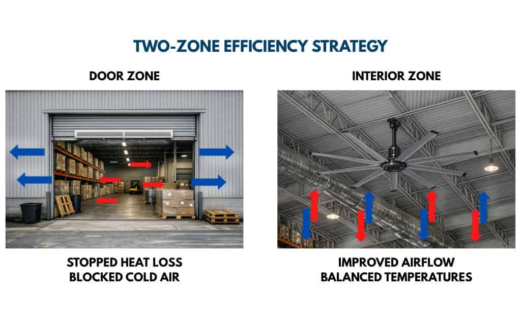 Air curtain and HVLS fan two‑zone energy efficiency strategy for facilities