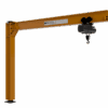 Freestanding 314 series jib crane installed in a fabrication shop lifting a metal panel with an electric chain hoist.