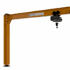 Freestanding 314 series jib crane installed in a fabrication shop lifting a metal panel with an electric chain hoist.