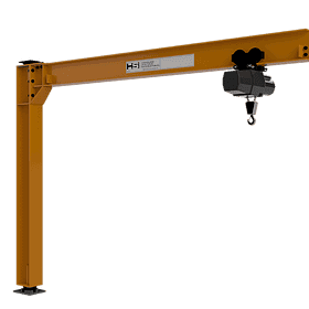 Freestanding 314 series jib crane installed in a fabrication shop lifting a metal panel with an electric chain hoist.