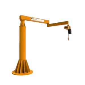 Freestanding articulating jib crane with electric hoist on white background for product display and specification use.